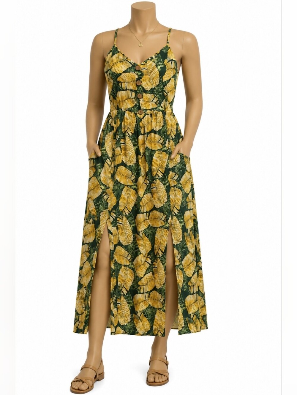 Cassee’s Tropical Banana Leaf Maxi Dress XL Rayon Pockets Slits